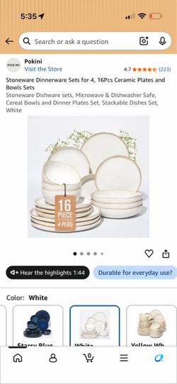 Pokini 16-Piece Stoneware Dinnerware Set, White