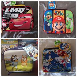Lunch Bags: Cars, Mario, Bluey Or Sonic Each $15