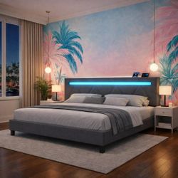 King size bed frame with LED Headboard, Upholstered Platform, Charging Station, gray D-43