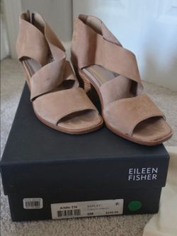 Eileen Fisher Barley Tumbled Nubuck Open-Toe Wedge Sandals