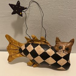 Very Rare Beautiful Decor Signed Folk Art "Cat Fish" Wall Hanging