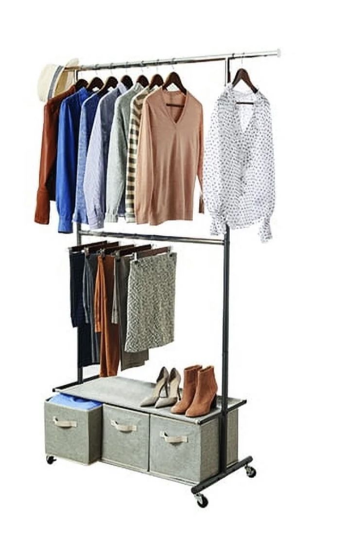 Adjustable Rolling Rack With 2 Tiers , A Shelf & 3 Drawers 
