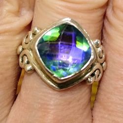 Beautiful 🆕 Genuine Rainbow Quartz Designer Sterling Silver Ring SIZE 6.75! 💍💚💜