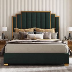 AMERLIFE King Size Upholstered Bed, Modern Velvet Bed Frame with 65.4” Tall Gold Trim Headboard, No Box Spring Needed, Green