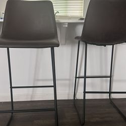 2 Brown Leather Bar Stools