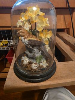 Bird Figurine On Branch Inside Under Glass Globe Display Apothecary Daffodils 7”