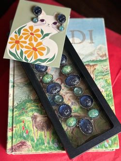 Vintage Avon NR Signed Carved Blue Glass Flower & Opaline Cabochon Necklace Earrings Set