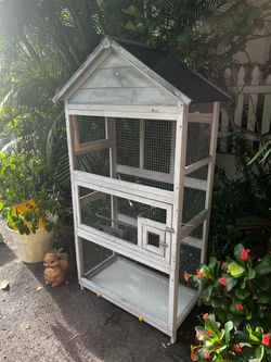 PawHut Large Wooden Bird House Aviary with Slide-Out Tray and Perches for Finches, Parakeets!