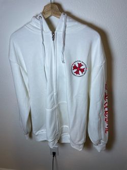 Chrome Hearts White Zip-Up Hoodie Red Cross Logo Sleeve Print Oversized Fit size L