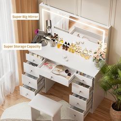 Vanity With Lighted Mirror - Makeup Desk With Power Outlet and 9 Drawers, 3 Color Lighting Modes Adjustable Brightness, 43" Table With Soft Cushioned 