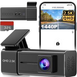 New In Box 2.5K 1440P Front DashCam for Cars,Mini WiFi Hidden with App,Night Vision,24H Parking Mode,G-Sensor,Loop Recording,Free 32G Card,Support 256