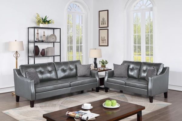 2PC Gray Leather Sofa & Loveseat 