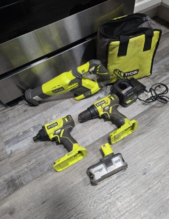 RYOBI 18V SET , DRILL , IMPACT DRIVER, SAWZALL  CHARGER AND 18V 4AH BATTERY 