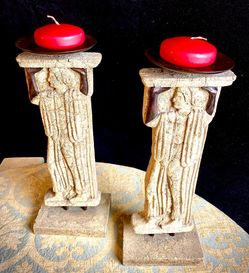Beautiful Greek themed set two candle holders H16.5xL6.5xW5/4.5 inch Lbs 13 Concrete ceramic sculpture, ancient Greek themed candle holder Candles NOT