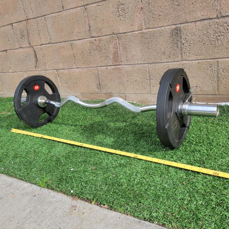 25LBS WEIGHS AND 4FT CURLED BARBELL
