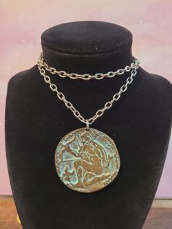 Vintage Copper 70s Greek Mythology Medallion 2" Double Sided Heavy Pendant Necklace 26" f9