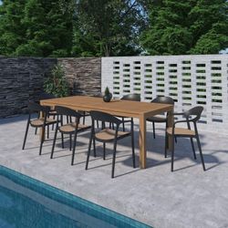 Brand New 9 Pieces Rectangular Dining Set With Stackable Chairs, 100% FSC Wood For Outdoor & Patio Furniture
