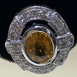 18K Gold Earrings w/Amber Stone, Diamonds 