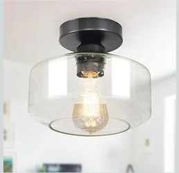 Industrial Semi Flush Mount Ceiling Light: Black Seeded Glass Kitchen Lighting Fixtures Ceiling - Vintage Hallway Light Fixtures E26 Bulb Included - 8