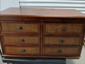 Wood and Rattan 6-Drawer Dresser