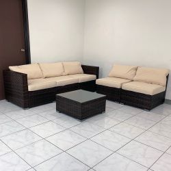 New in Box $395 Patio Furniture (6pcs) Set Outdoor Sectional Set Wicker Rattan Sofa Chair Set w/ Cushion, Glass Table
