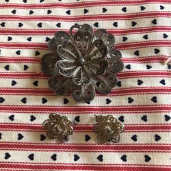 Vintage Mexican Silver Filigree Pin & Pieced Earrings 