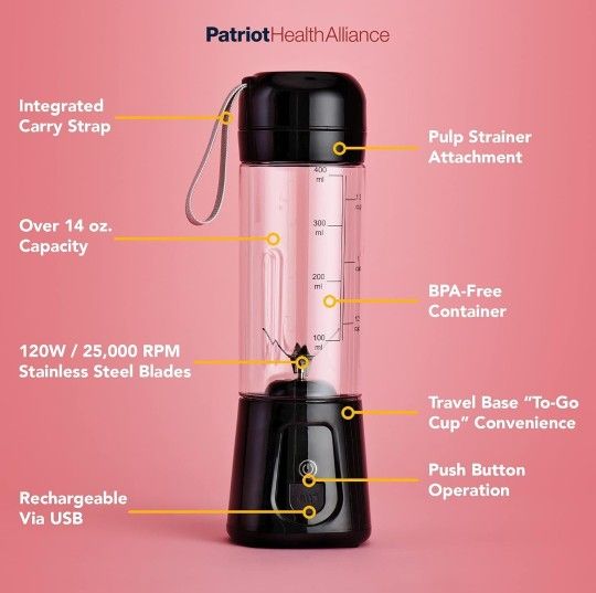 PATRIOT HEALTH ALLIANCE Patriot Power Blender, Portable, Cord-Free USB Rechargeable Mini Blender, Make Smoothies, Protein Shakes, Slushies for Kids &