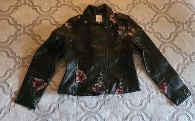 Floral Embroidery Faux Leather Jacket 