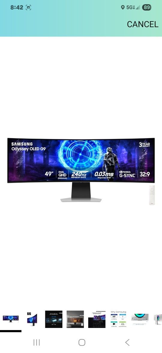 Samsung 49-Inch Odyssey G9 (G95SD) Series QD-OLED G-Sync Compatible Curved Gaming Monitor, 240Hz, 0.03ms, Dual QHD, Glare Free, FreeSync Premium Pro,