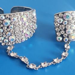 Silver/Iridescent Rhinestone Cuff Bracelet with attached Ring