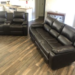 New Reclining Couch  / Love Seat .  Espresso Leather .  Free Delivery !