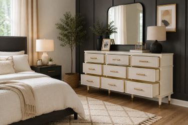 Kathy Kuo Home Leona French Country White Parchment Natural Linen Wood Dresser ❤️ (Never Used )