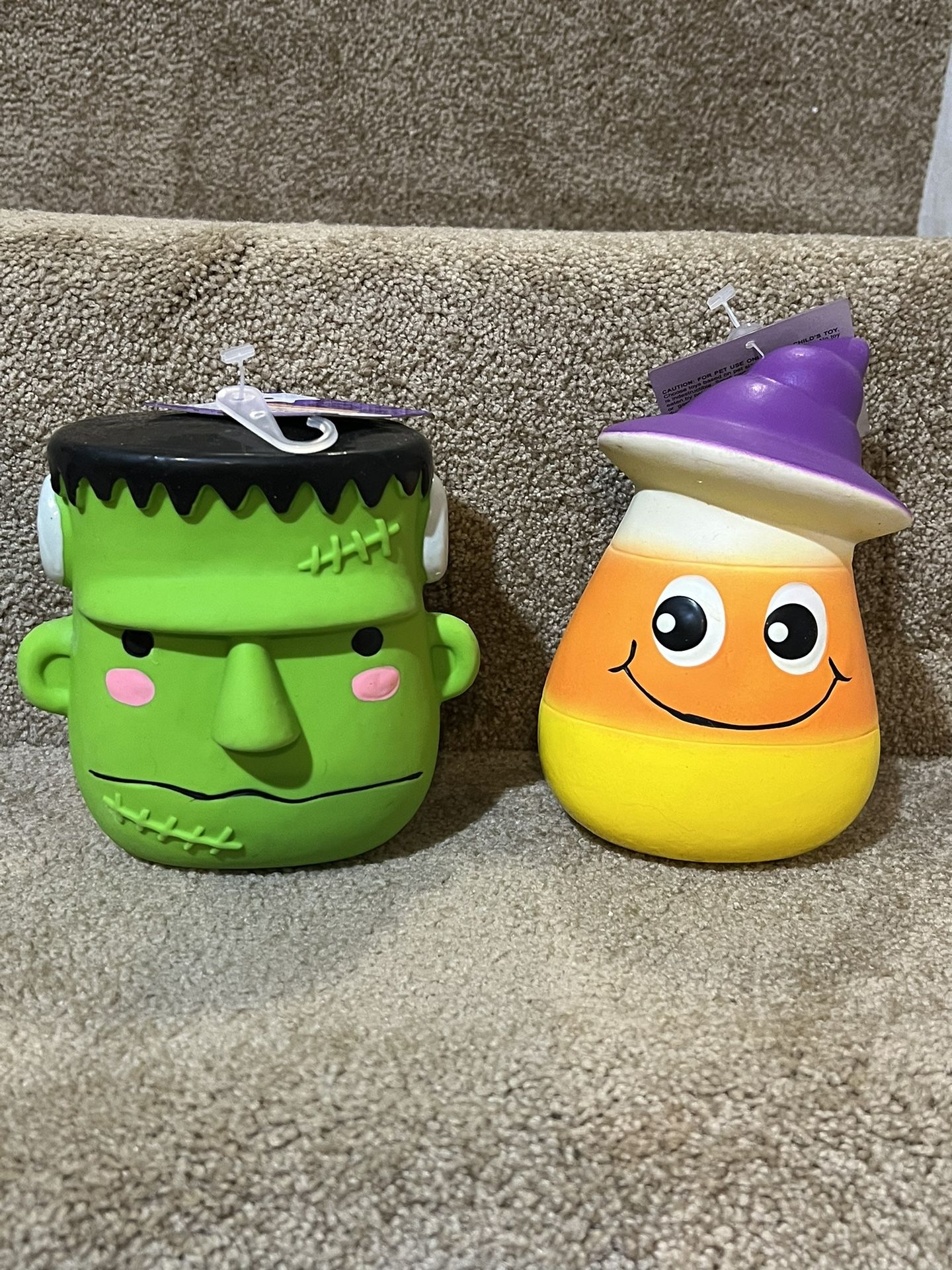 Halloween Dog Toys Frankenstein & Candy corn Witch 6” tall squeaky set of 2