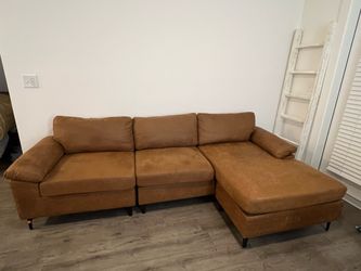 Camel Suede Sectional Sofa with Chaise