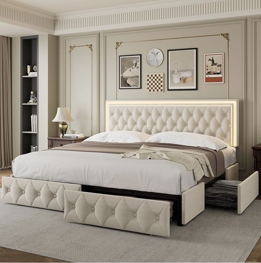 Full/Queen Upholstered LED Bed Frame with Adjustable Headboard&4 Storage Drawers