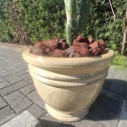 NEW FIRE GLAZED TERRA COTTA PLANTER MADE BY "MAGESTIC FOUNTAINS" WITH ROCKS, SOIL AND A CACTUS PLANT, VERY NICE SETUP FOR THE PRICE!!!