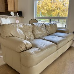 Beige Leather, Three Seat, Couch Sofa