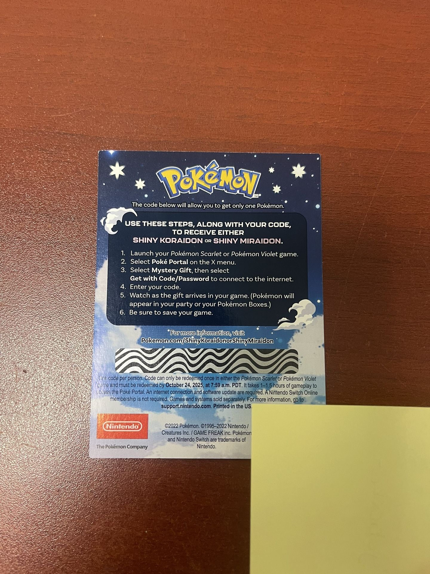 POKÉMON SCARLET / VIOLET –SHINY MIRAIDON OR SHINY KORAIDON CODE CARD UNSCRATCHED
