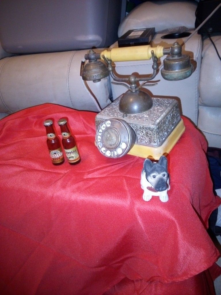Vintage Victorian Style Antique Phone Rotary With A German Shepherd Nodder And Two Glass Beer Bottles Salt And Peppettr Shackesrs
