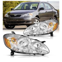 Headlights Assembly Pair for 2003-2008 Toyota Corolla Front Headlamps Head Lights Replacement Driver and Passenger Side,Chrome Housing Amber Reflector
