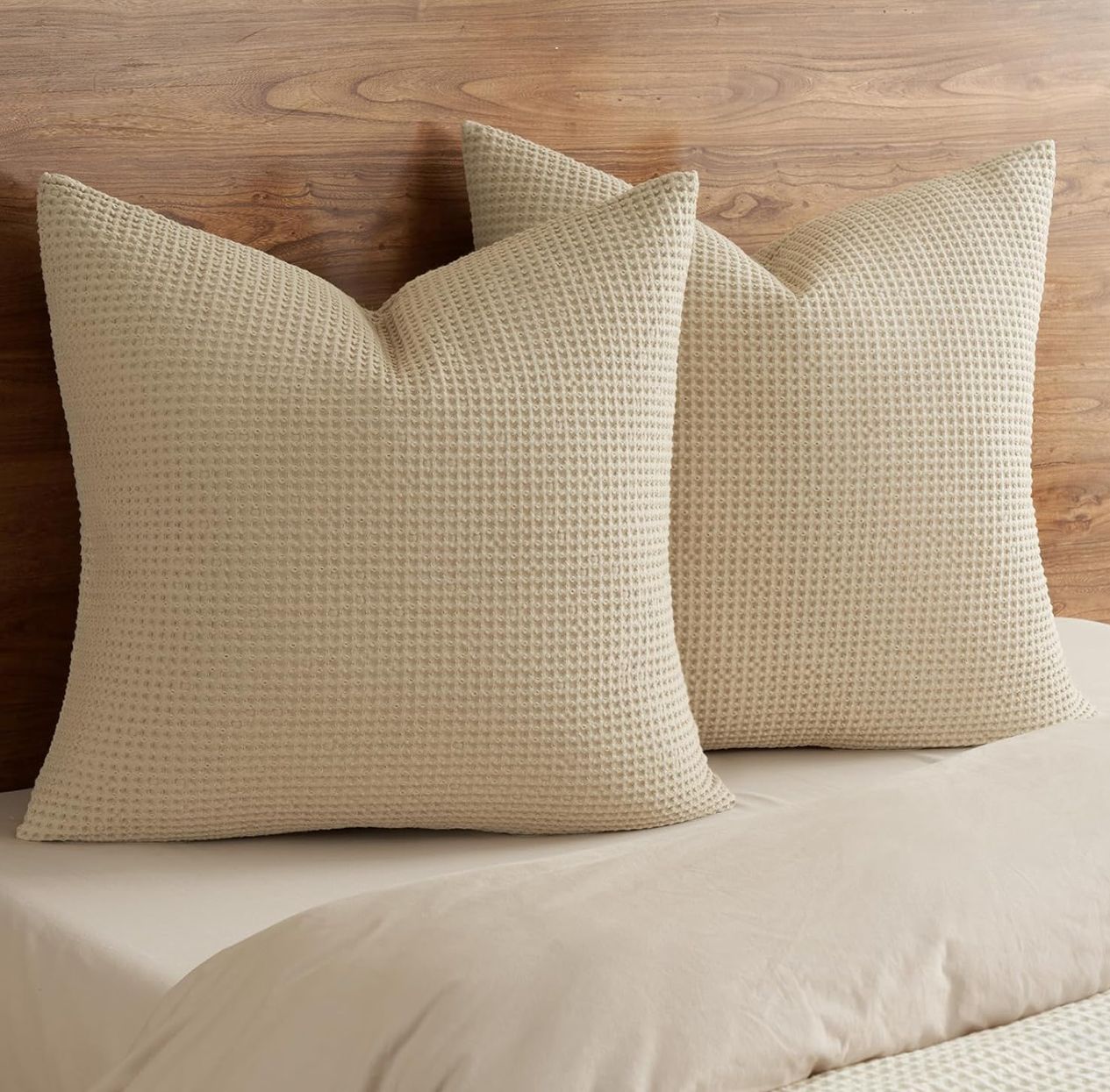 PHF 100% Cotton Waffle Weave Euro Shams 26" x 26", No Filling, 2 Pack Elegant Home Decorative Euro Throw Pillow Covers for Bed Couch Sofa, Khaki