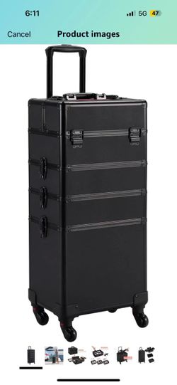 4 in 1 Professional Makeup Train Case Aluminum Cosmetic Case Rolling Makeup Case Extra Large Trolley Makeup Travel Organizer, with 360° Swivel Wheels,