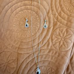Silver 925 Teardrop Pendant Necklace and Earrings Set with Black Accent