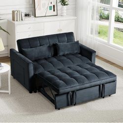 3 in 1 Sleeper Sofa Bed, 53'' Pull Out Couch Convertible Futon Loveseat with Adjustable Backrest, Velvet Sleeper Chaise Lounge Futon for Apartment Off