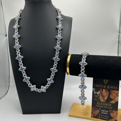 Flower 4 Leaf Clover Iced Out Premium Quality Chain Necklace Silver & Blue 