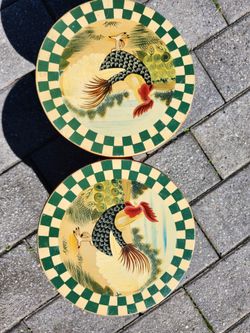 Pair of Vintage Wooden Rooster Stools / Plant Stands – Hand-Painted Green Checkered Folk Art