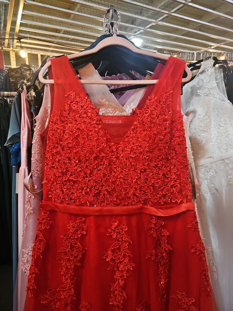 Red Tulle Dress With Floral Applique