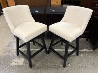 Beige Upholstered Swivel Counter Stool w/ Nailhead Trim (Set of 2)