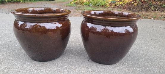 2 Beautiful Large Brown Glazed Flower Pots