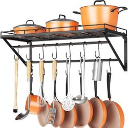 OROPY 31 Inch Wall Mounted Pot Rack Storage Shelf with 2 Tier Hanging Rails 14 S Hooks included, Ideal for Pans, Utensils, Cookware - Black